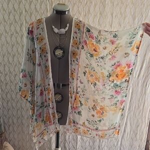 torrid Floral Sheer Kimono Jacket in Cream, Yellow, Pink, Green